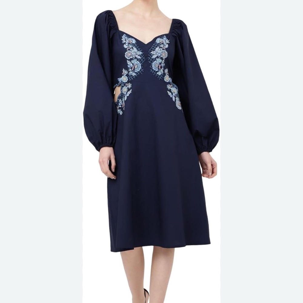 NWT Miss Lavish London Embroidered Cotton Midi Dress Navy Blue Balloon Sleeve S